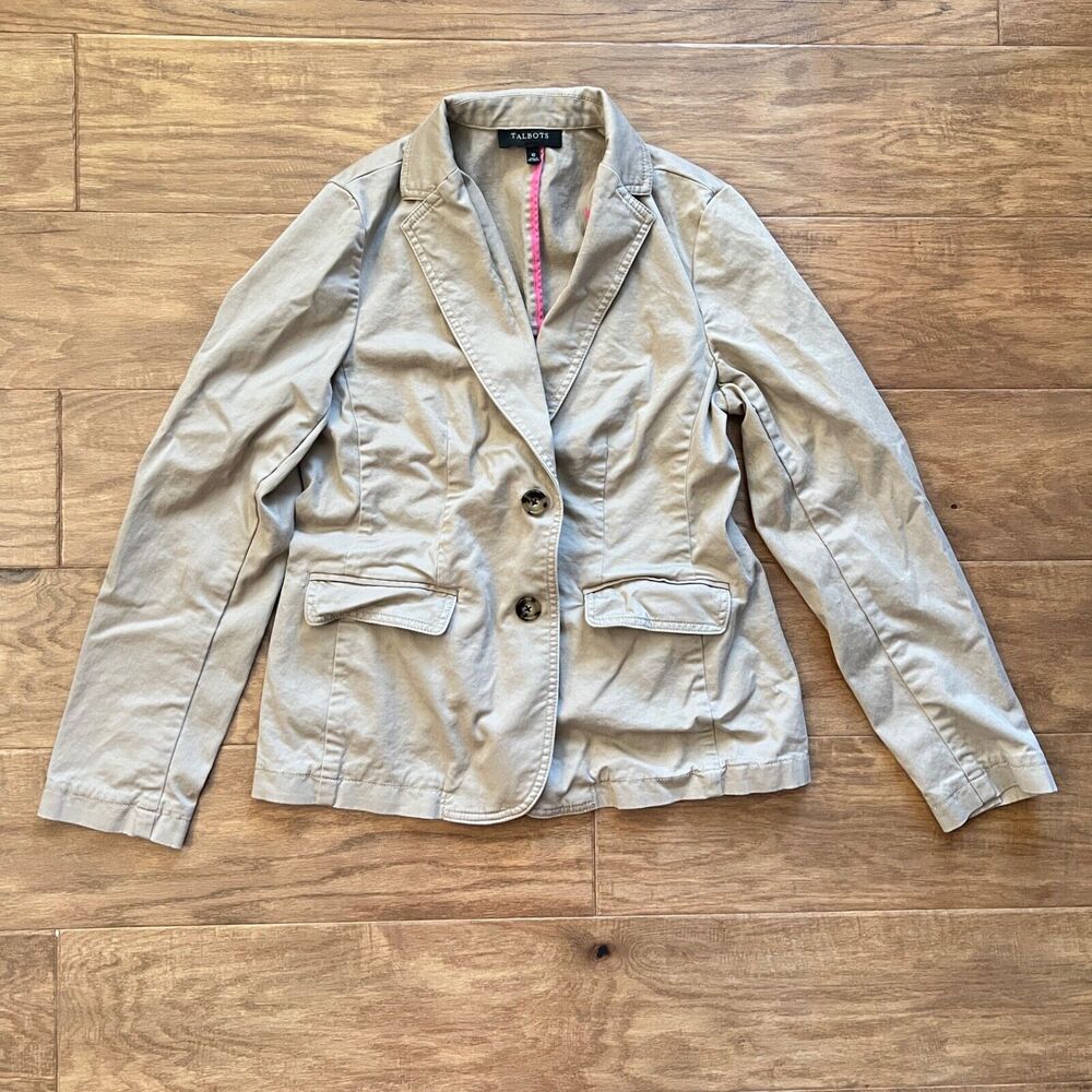 Talbots Jacket Safari Blazer Size 10 Khaki Tan Button Up Trench Coat